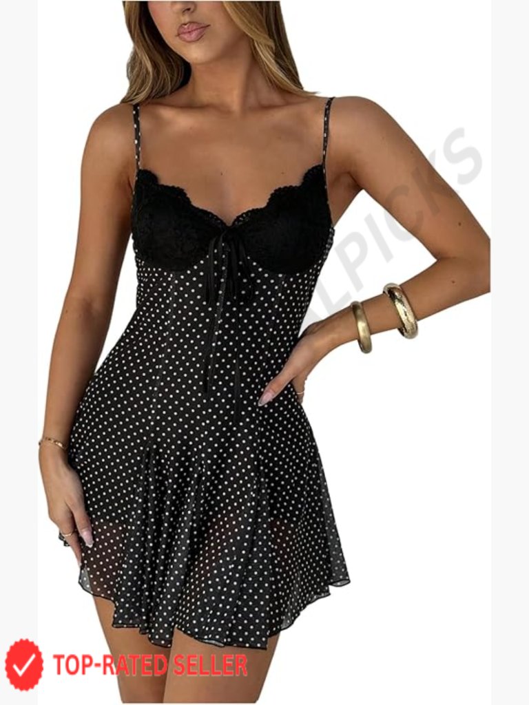 Polka Dots Mini Dress Y2k Lace Mesh Bow Tie Front V Neck A Line Coquette Clothes